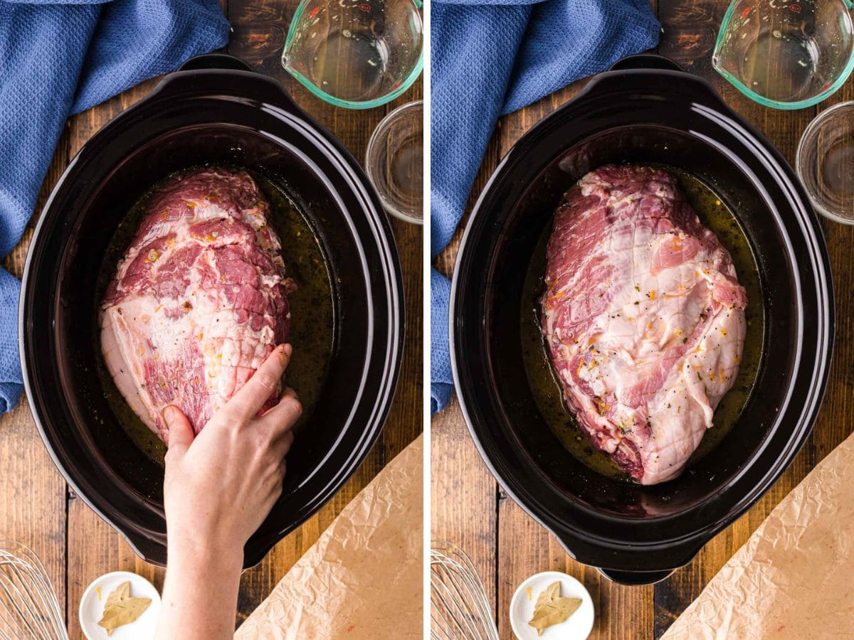 Turning the roast to cover and marinade.