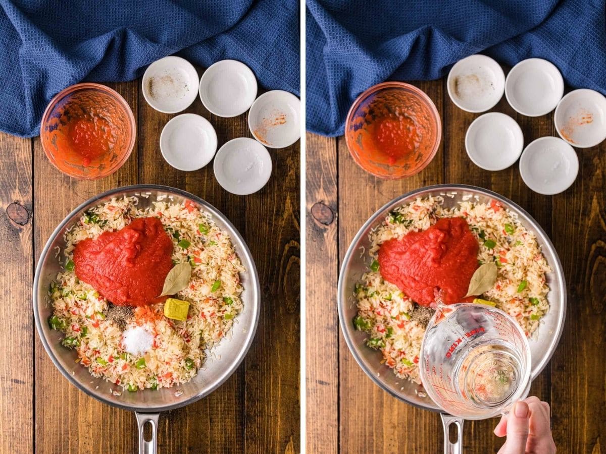 Tomato sauce, water, and spices added to the rice.