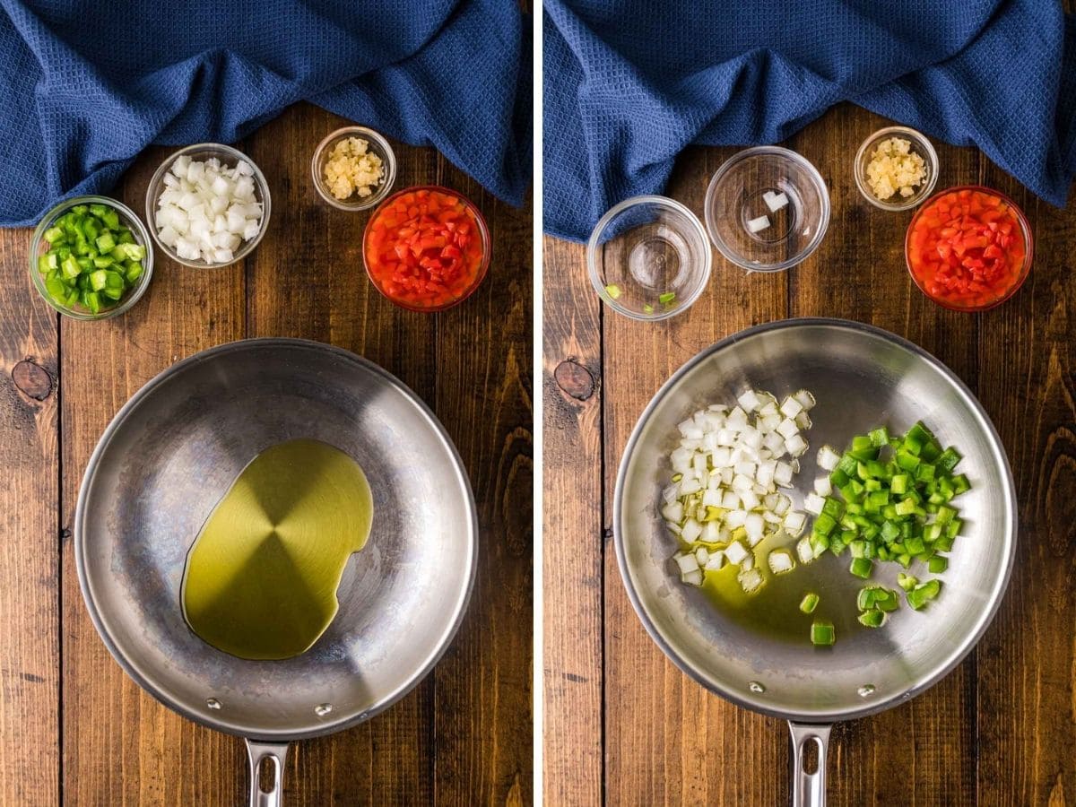 A skillet with oil, diced green pepper and onions.