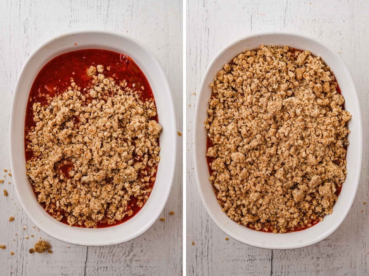 Side by side photos of assembling the strawberry rhubarb crumble before baking.