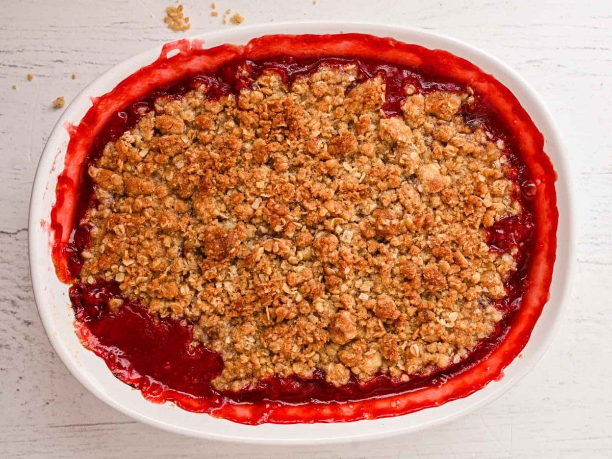 Overhead shot of strawberry rhubarb crumble after being baked.