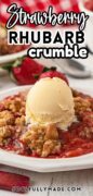 A white bowl is filled with Strawberry Rhubarb Crumble and topped with a scoop on vanilla icecream.