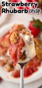 This image is a closup of a spoon full of Strawberry Rhubarb Crumble and topped with a scoop on vanilla icecream.