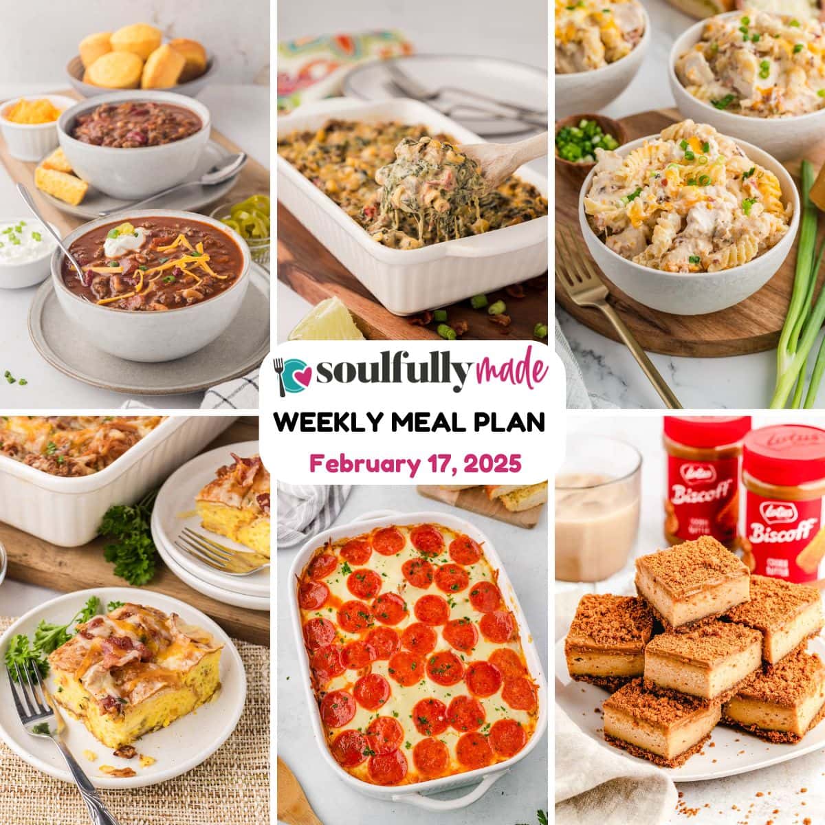 Weekly meal plan graphic showing 6 recipes of the week.