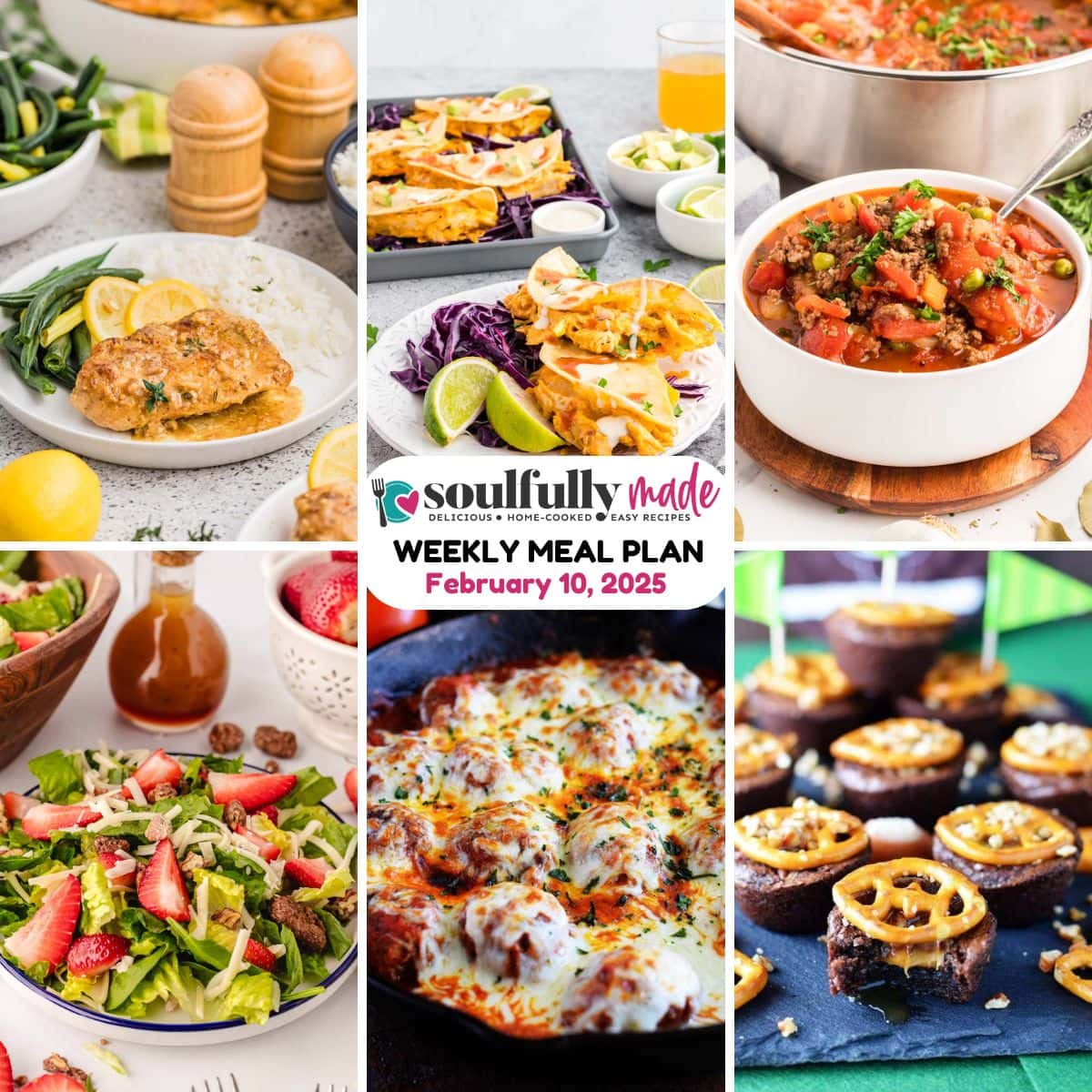 weekly meal plan graphic showing 6 recipes of the week.