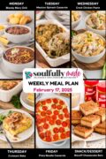 Weekly meal plan graphic showing 6 recipes of the week.