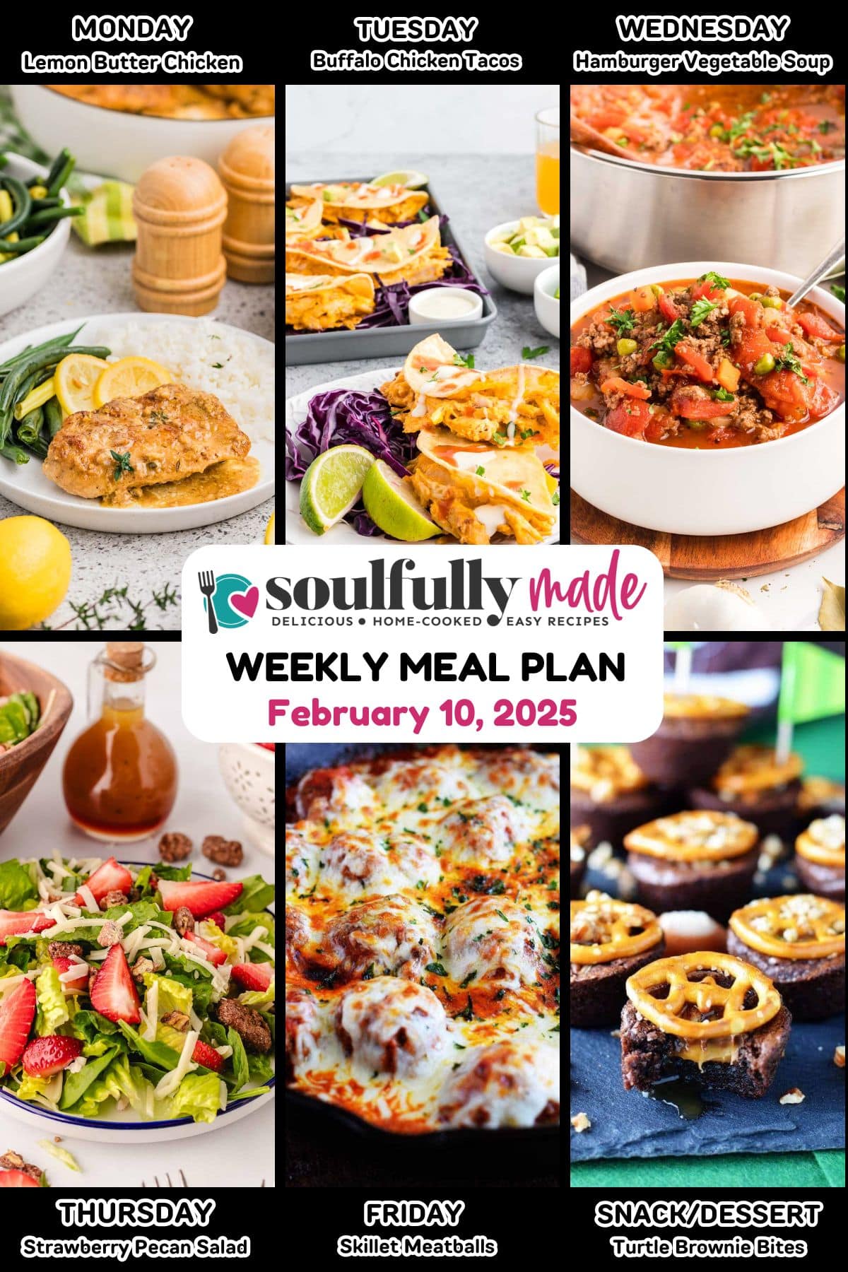 weekly meal plan graphic showing 6 recipes of the week.