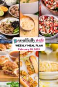 Weekly meal plan pinterest image showing 6 recipes of the week.