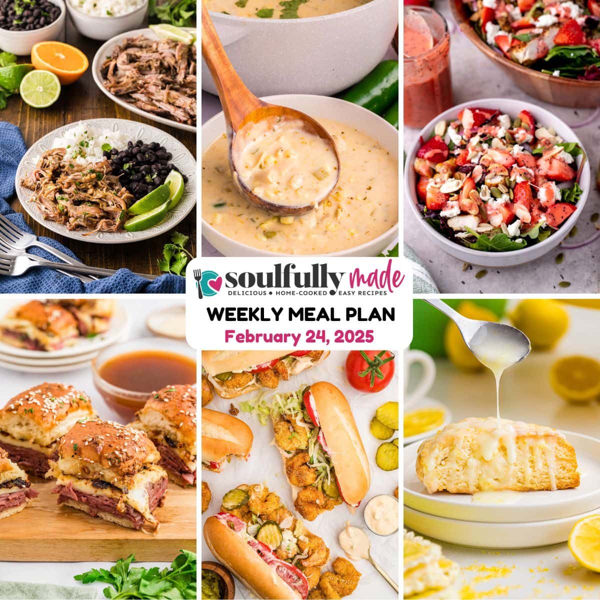 Weekly meal plan graphic showing 6 recipes of the week.