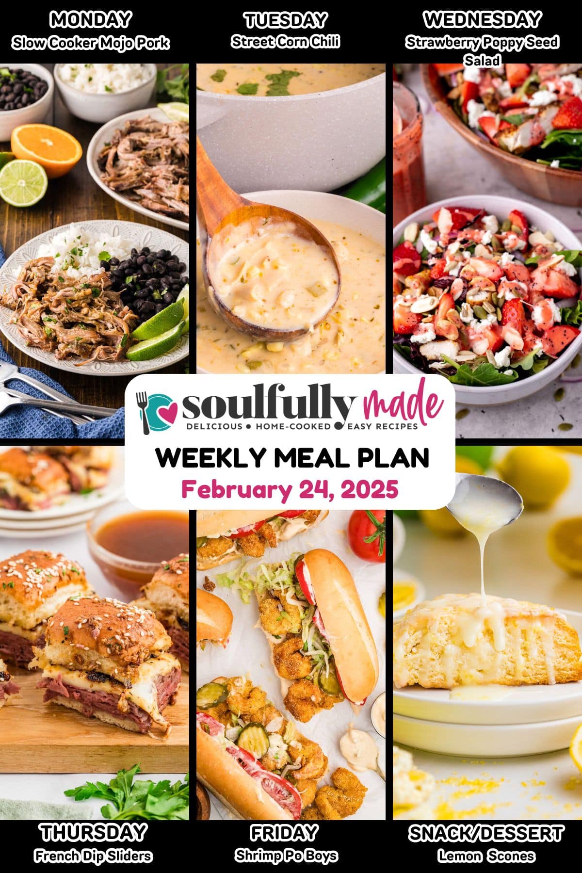 Weekly meal plan graphic showing 6 recipes of the week.