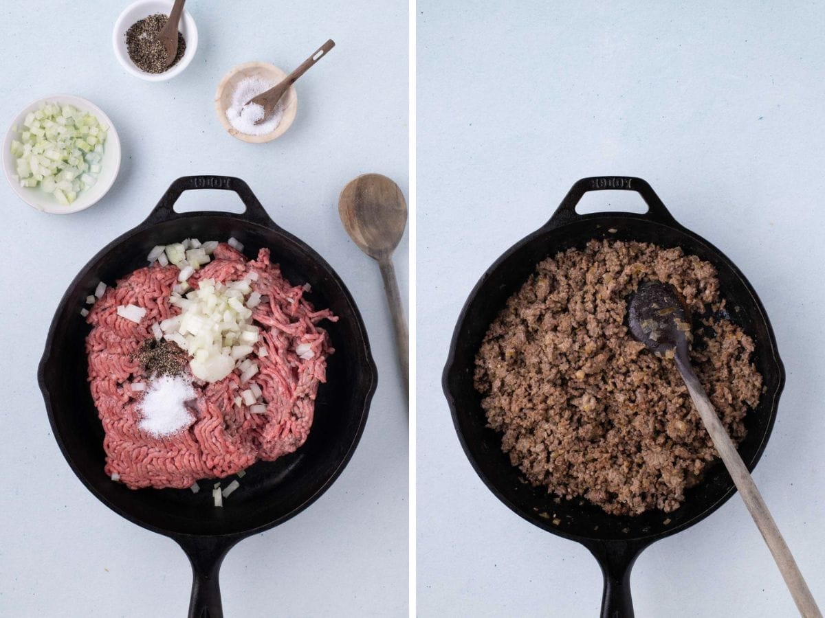 Side by side photos of cooking ground beef with onions and spices.