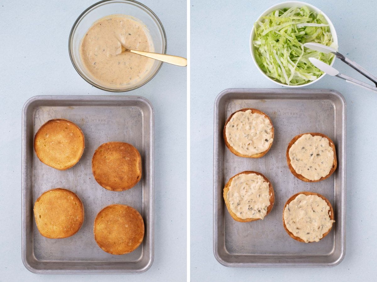 Side by side photos of toasted buns with big mac sauce on top.