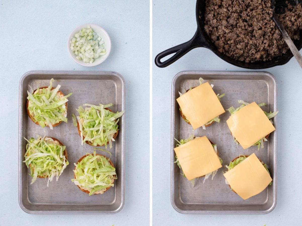 Side by side photos of assembling the big mac sloppy joes with lettuce and cheese.