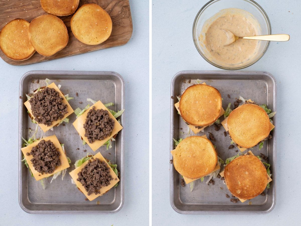 Side by side photos of adding the beef and middle bun into the big mac sloppy joes.