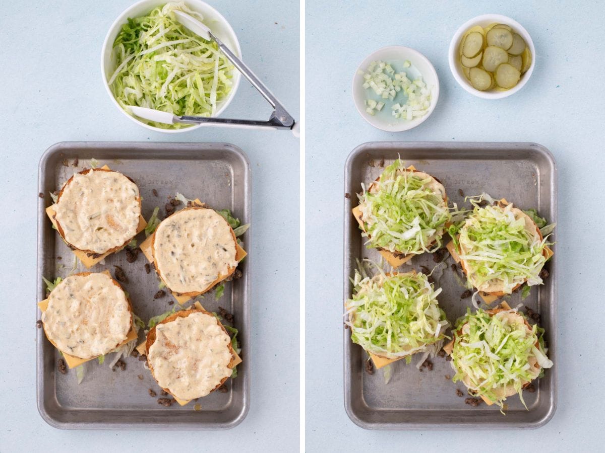 Side by side photos of adding another layer of big mac sauce and shredded lettuce on top.