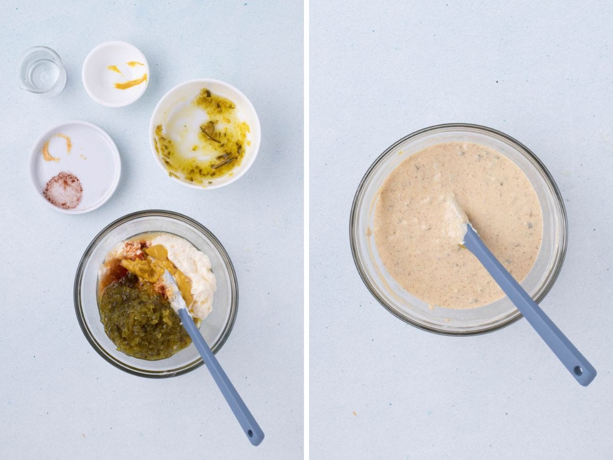 Side by side photos of making the big mac sauce in a small glass bowl.