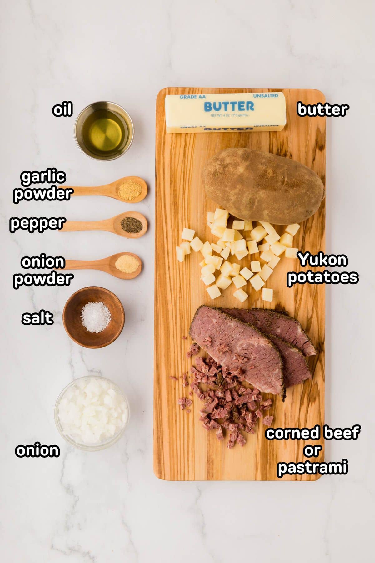 Labeled photo of the ingredients needed to make corned beef hash.