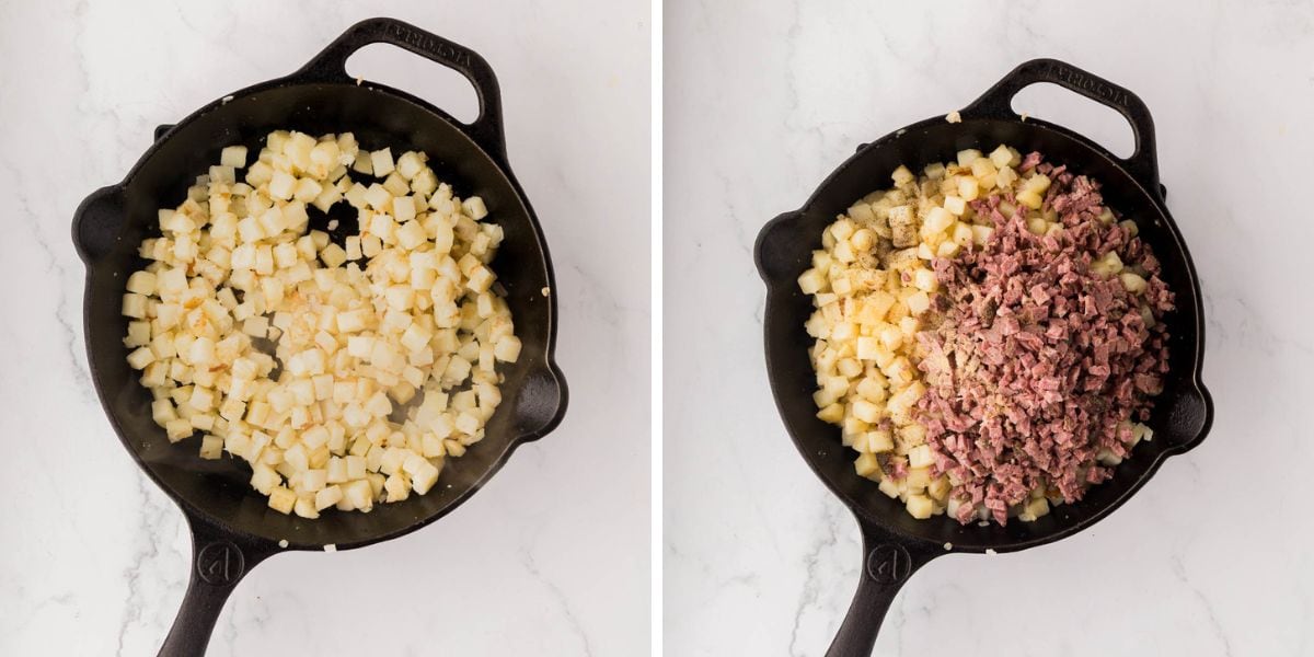 Side by side photos of potatoes in a cast iron skillet with corned beef added.