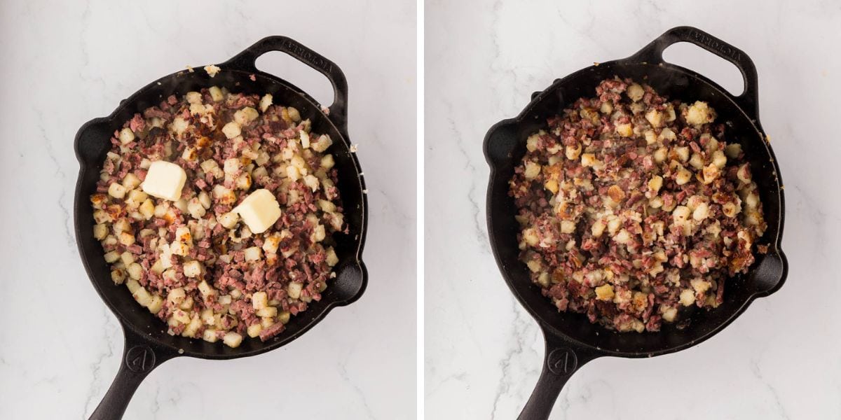 Side by side photos of corned beef hash with butter added.