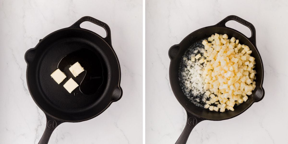 Side by side photos of melting butter in a skillet and adding onions and potatoes.