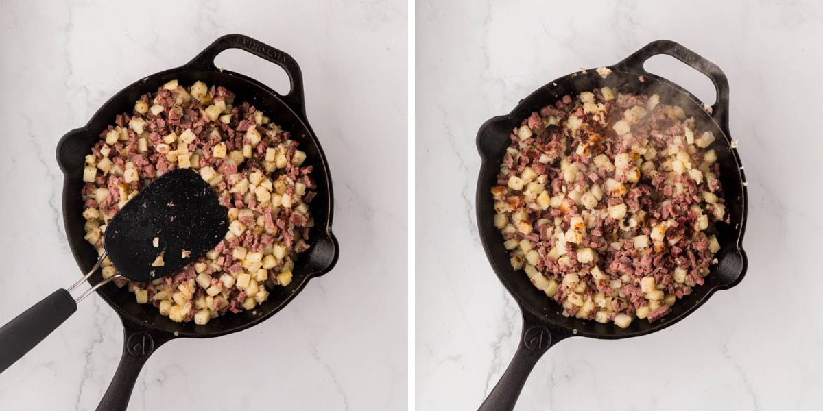 Side by side photos of cooking the corned beef has until it is crispy.