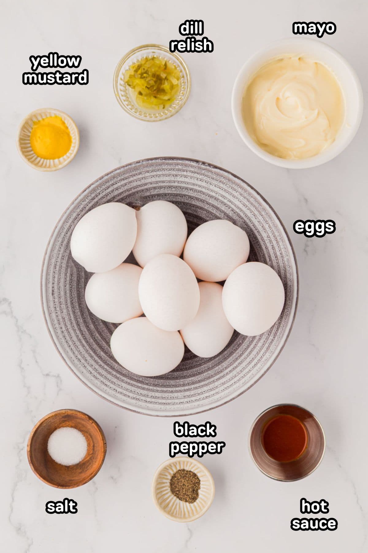 A labeled image of ingredients needed to make egg salad.