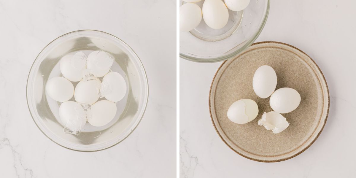 Hard boiled eggs in a ice water bath.