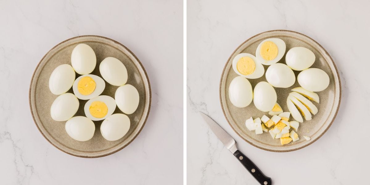 Hard boiled egg, sliced, and chopped on a plate.