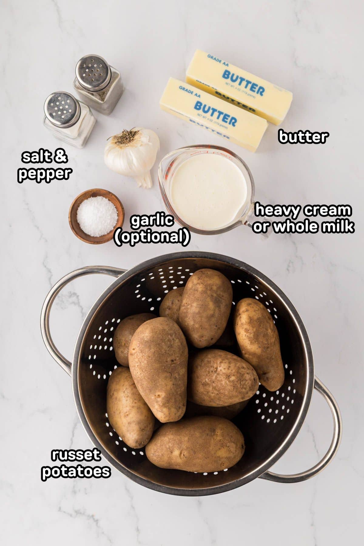 Labeled photo of the ingredients needed to make homemade mashed potatoes.