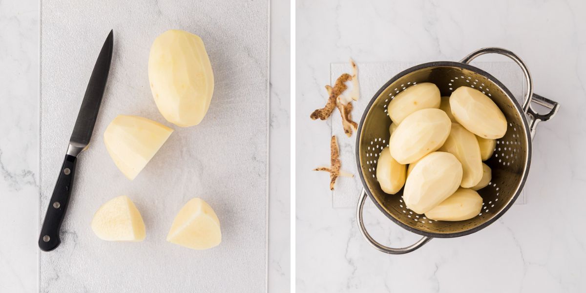 Side by side photos of peeling, washing and chopping potatoes.