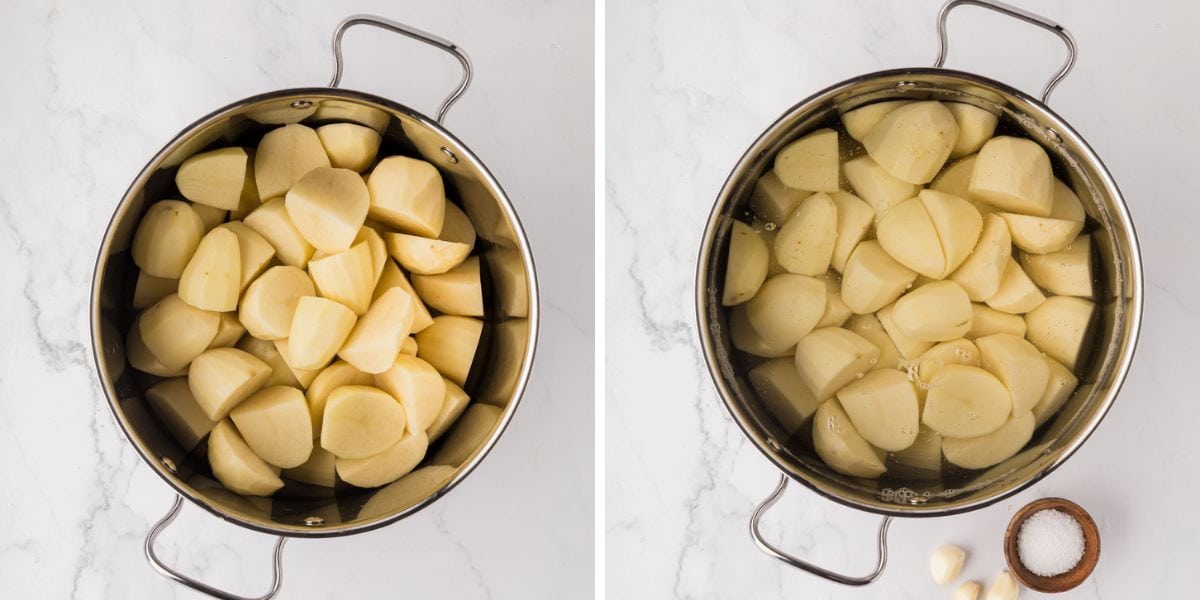 Side by side photos of adding potatoes and water to a large stock pot.