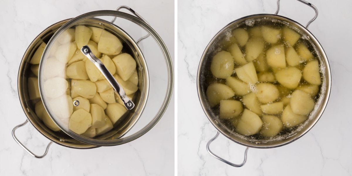 Side by side photos of adding a lid to the pot and bringing the water to a boil.