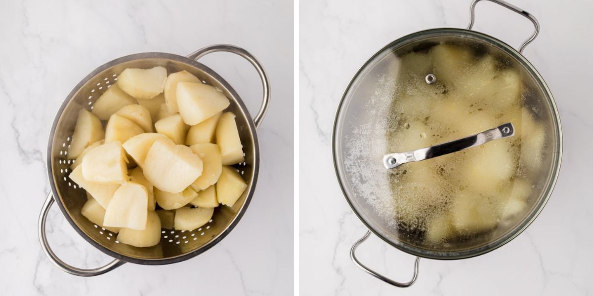 Side by side photos of draining the boiled potatoes and putting them back in the pot.