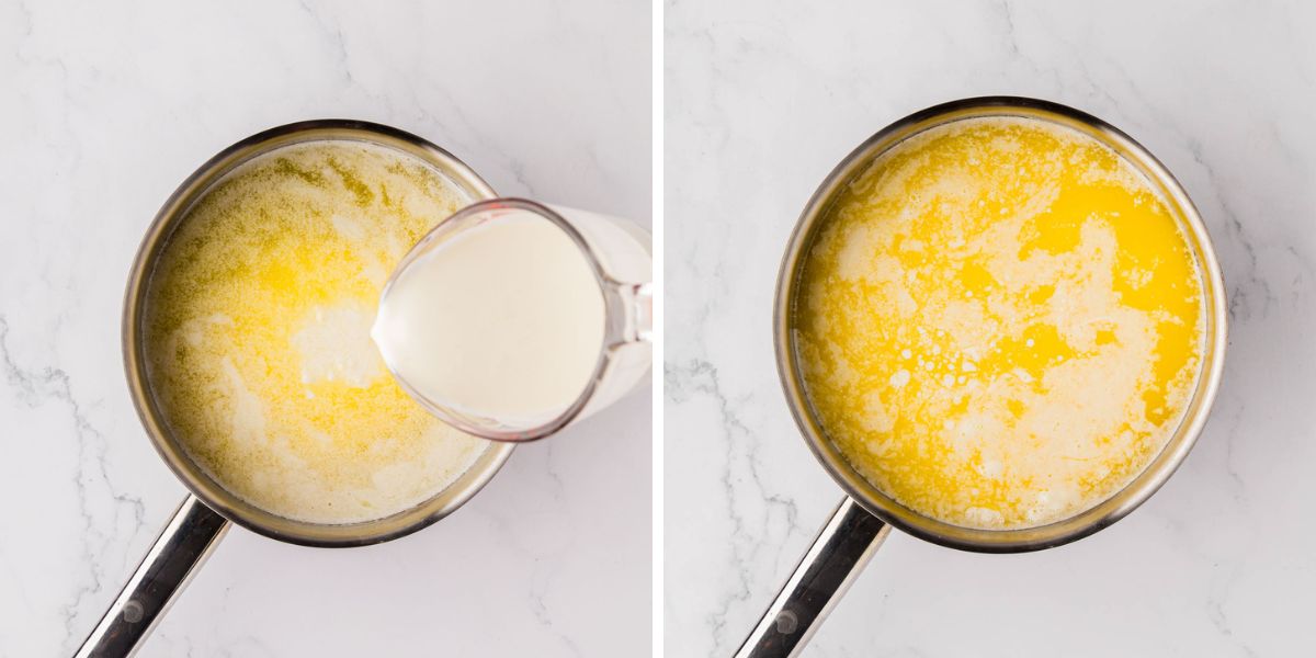 Adding heavy cream to the melted butter in a saucepan.