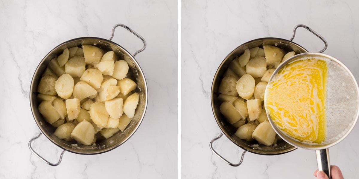 Side by side photos of pouring the butter and cream mixture into the boiled potatoes.