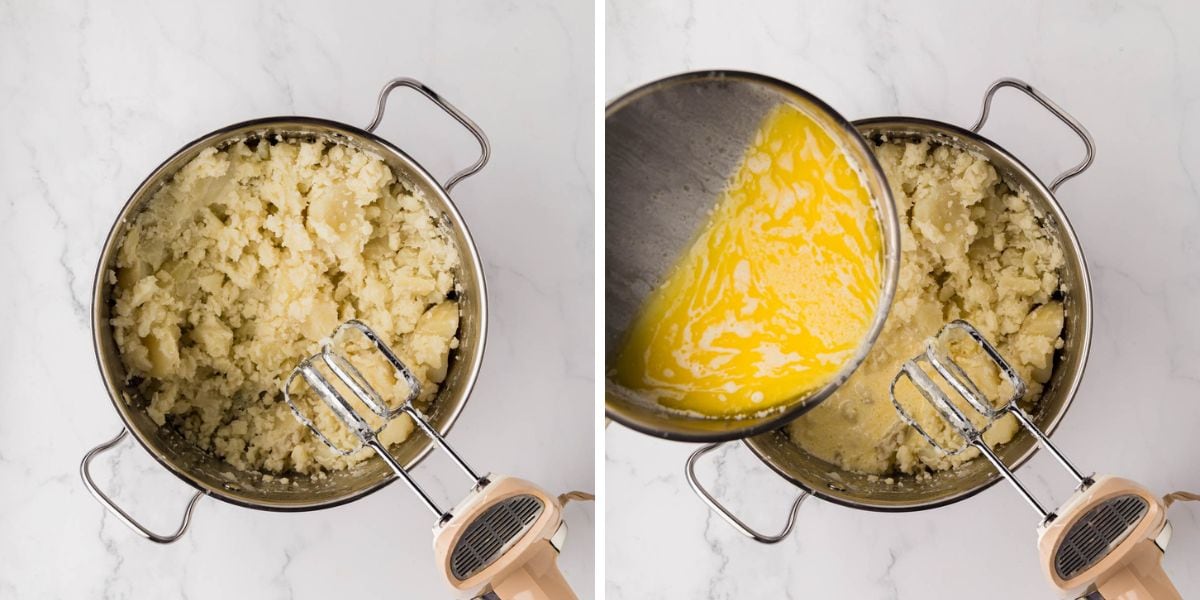 Side by side photos of using an electric mixer to mash the potatoes and adding more butter.