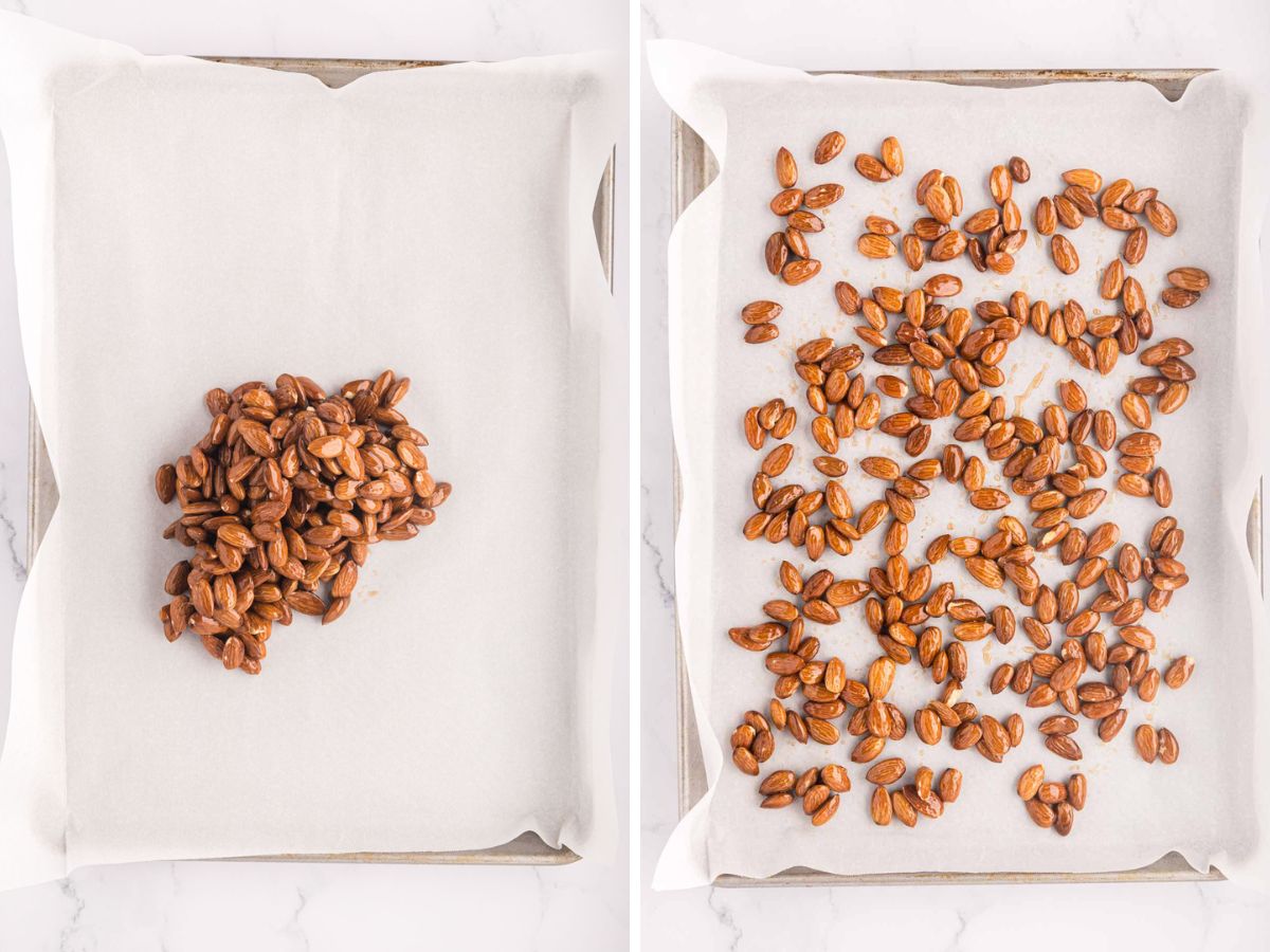 Side by side photos of honey coated almonds being spread out on a sheet pan.