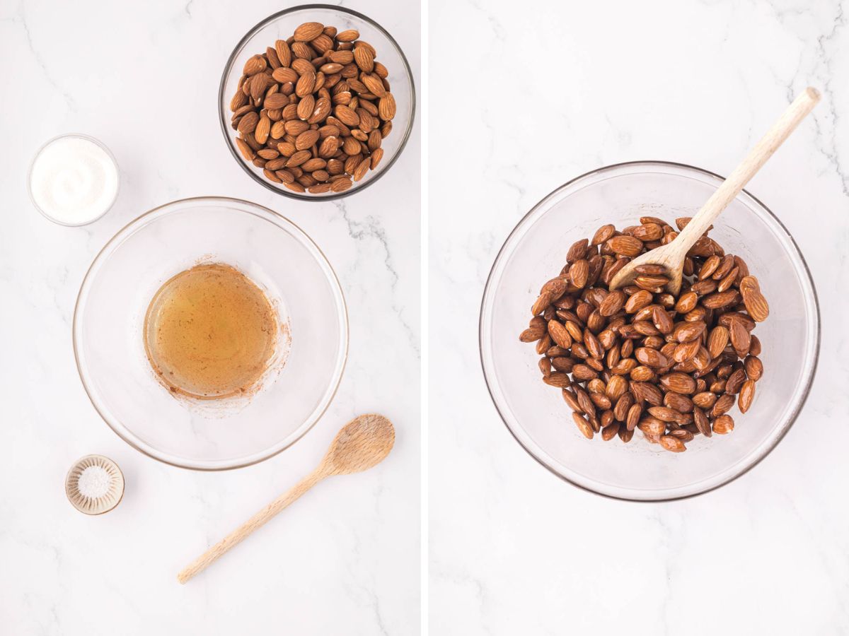 Side by side photos of coating almonds in a honey cinnamon mixture in a bowl.