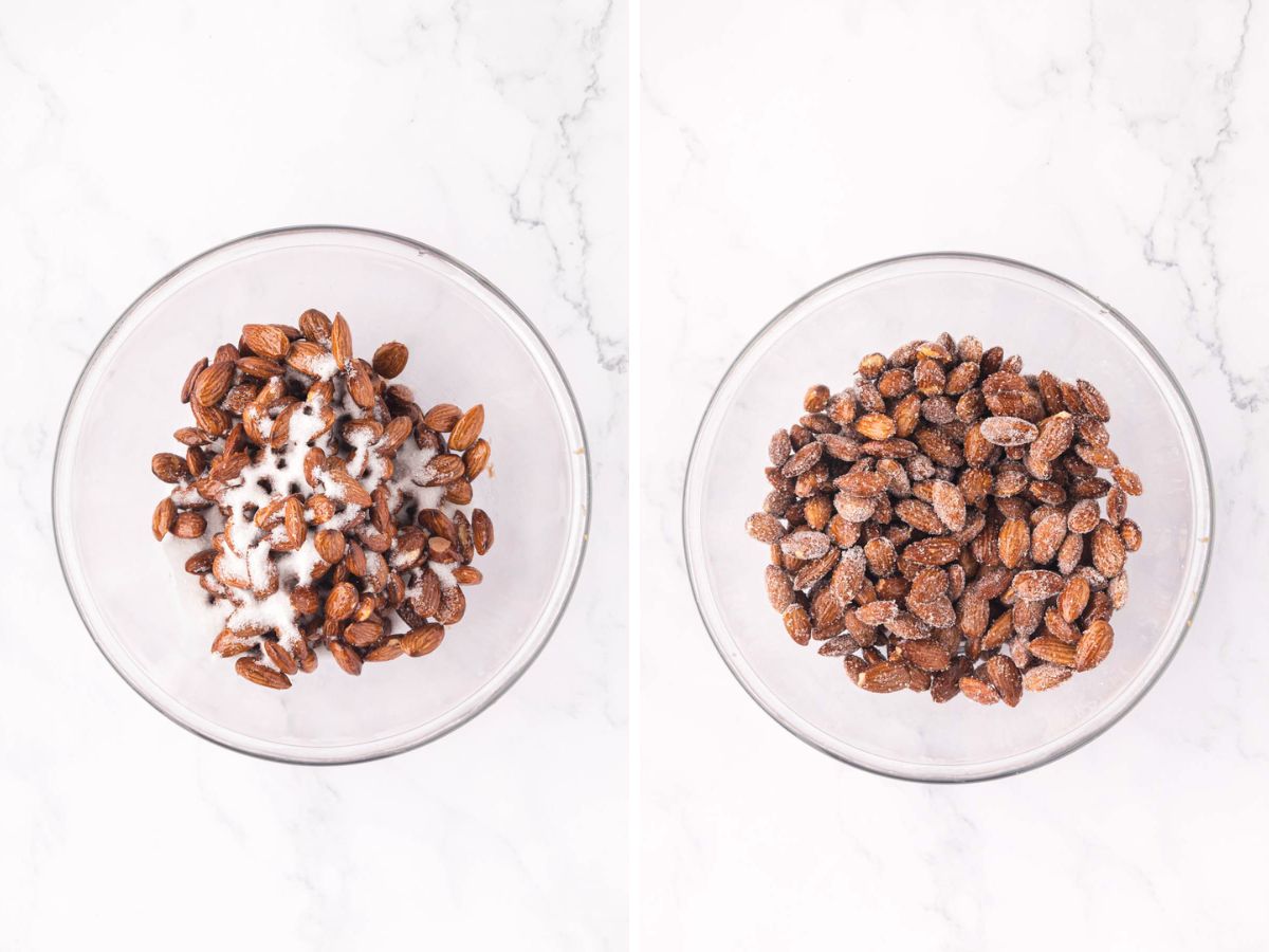 Coating the honey roasted almonds in sugar and salt in a glass mixing bowl.