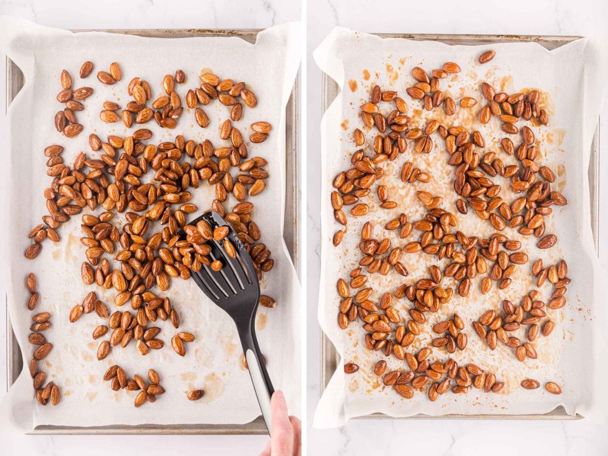 Side by side photos of tossing and flipping the almonds halfway through baking.