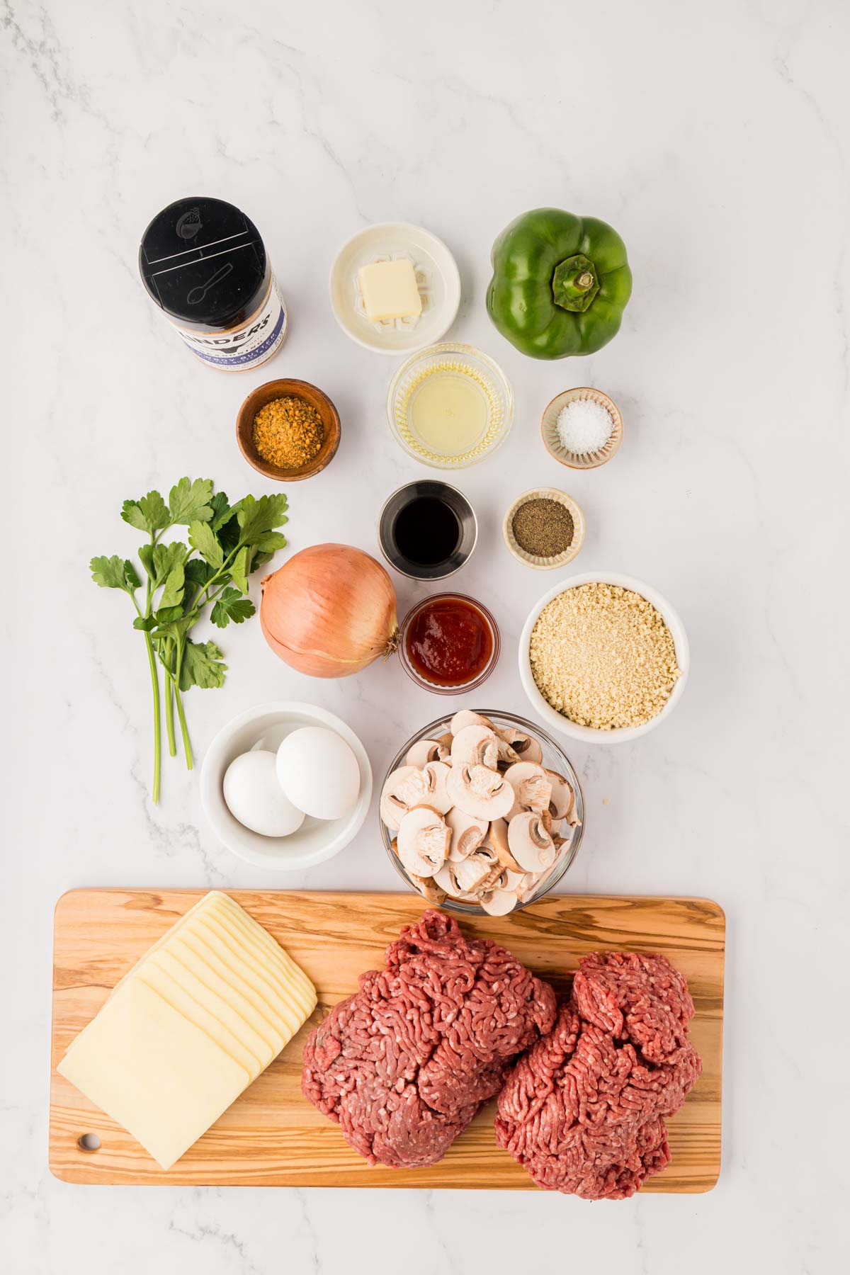 Ingredients needed to make philly cheesesteak meatloaf.