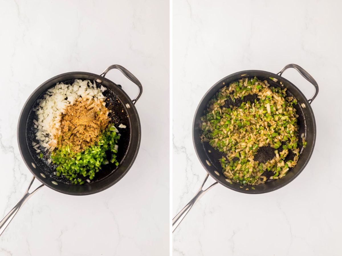 Side by side photos of cooking onions, green pepper and spices in a skillet.