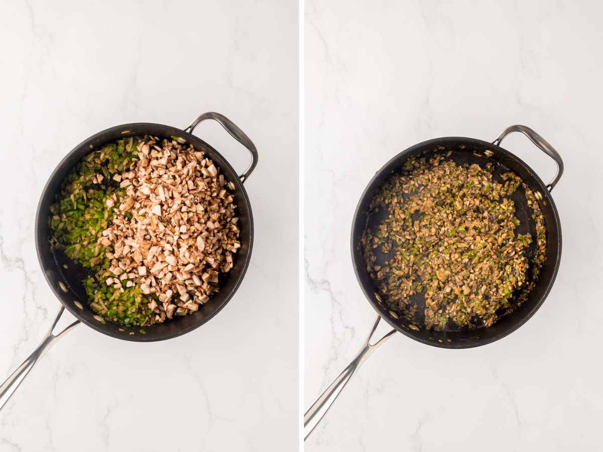 Side by side photos of adding chopped mushrooms to the vegetable mixture in a skillet.