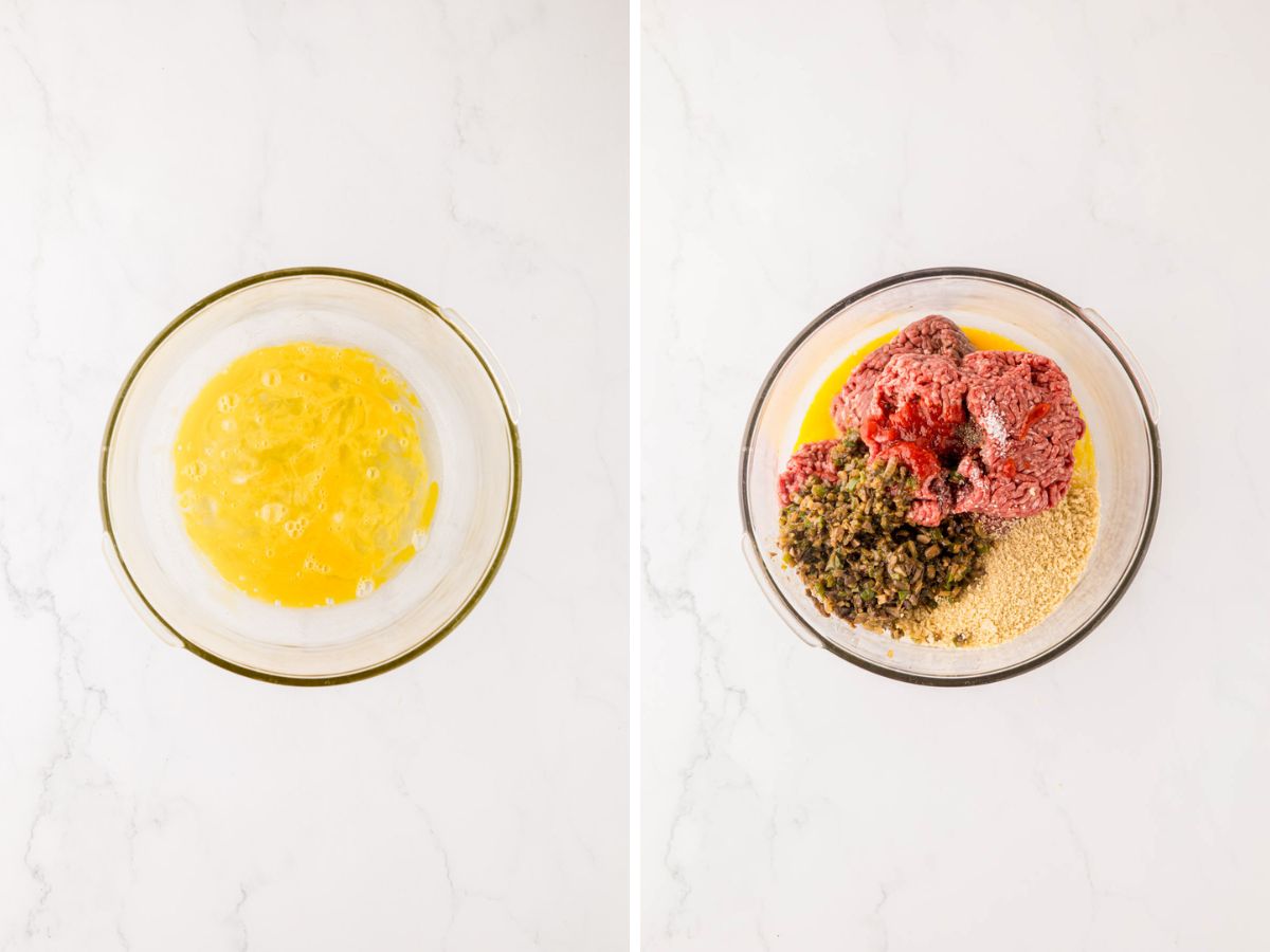 Side by side photos of adding the Philly cheesesteak meatloaf ingredients to a mixing bowl.