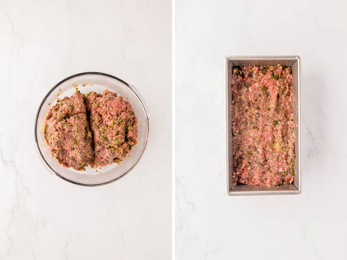 Side by side photos of combining the meatloaf ingredients and pressing it into a loaf pan.