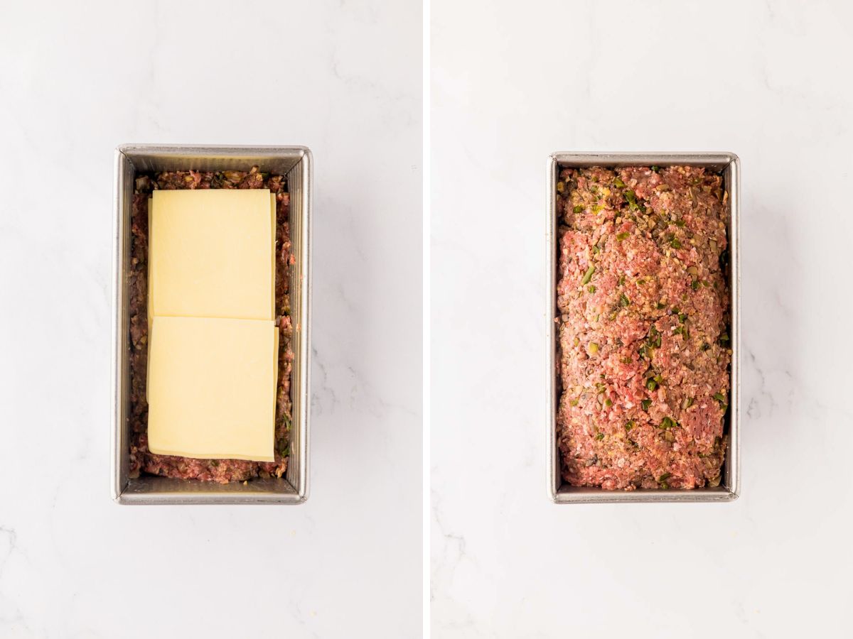 Adding a layer of cheese to the loaf pan before adding the second half of meatloaf mixture on top.