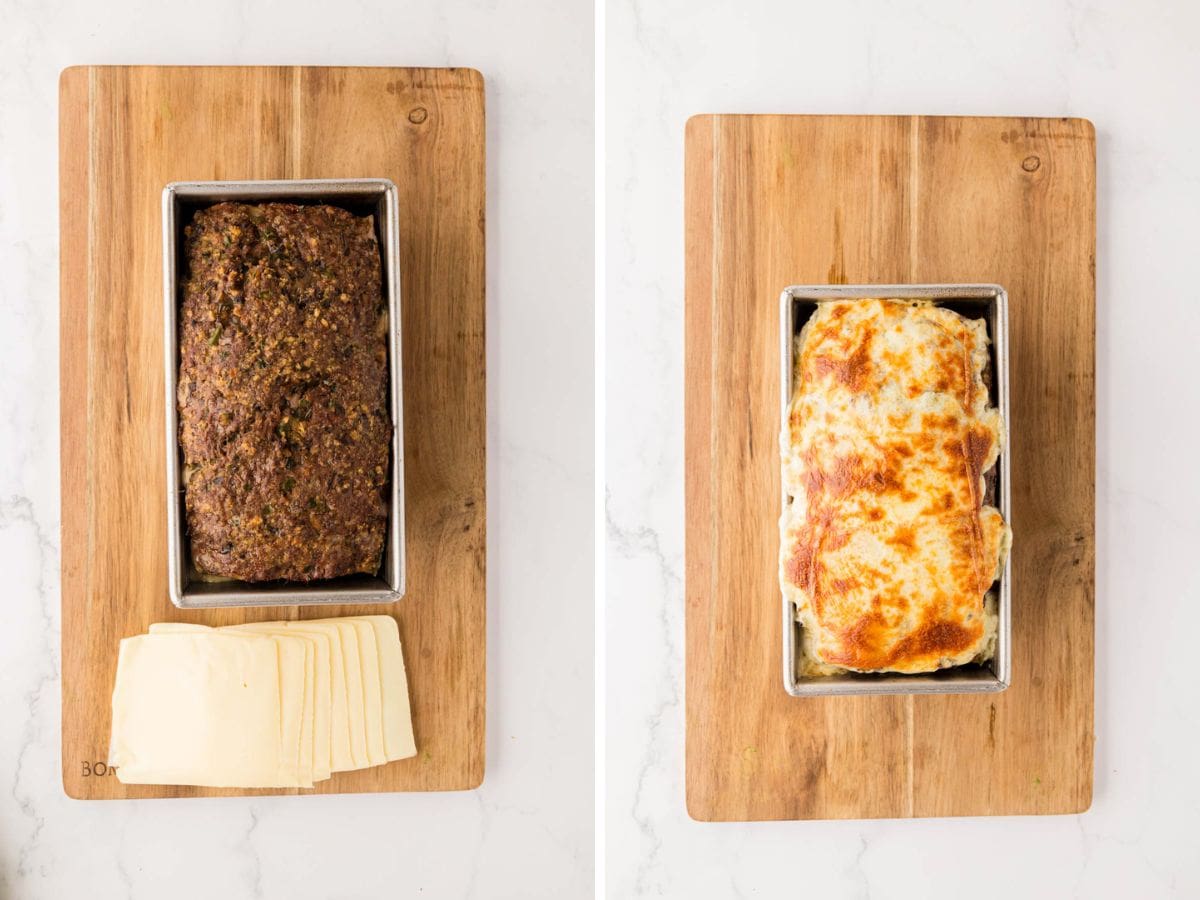 Side by side photos of baked meatloaf before and after adding cheese on top.