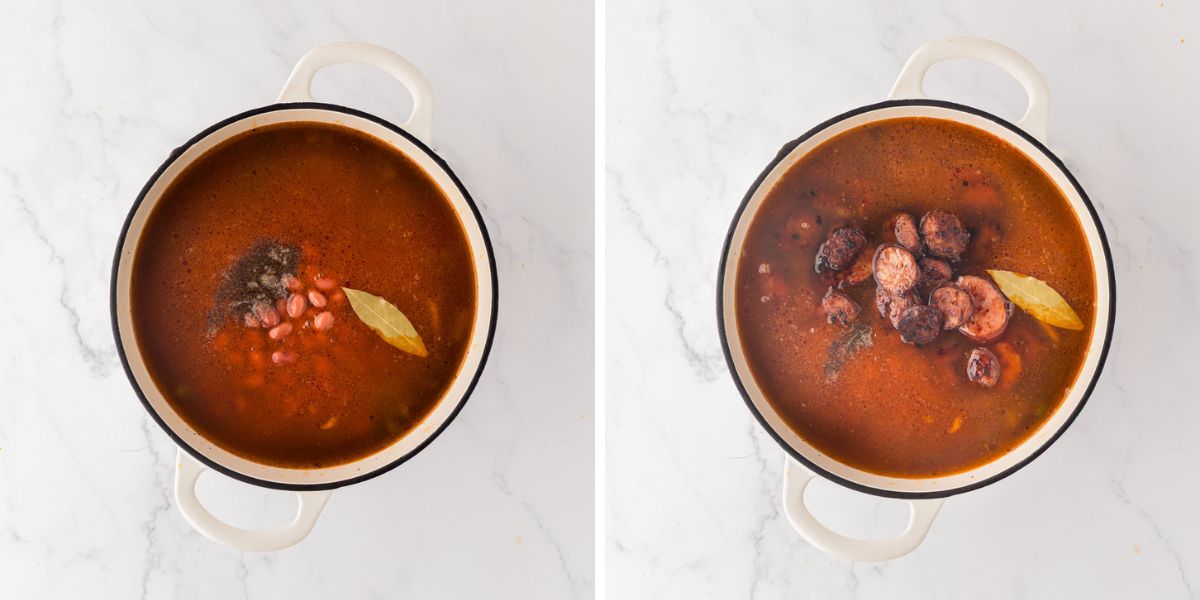 Broth and bay leaf added to beans in a pot.  