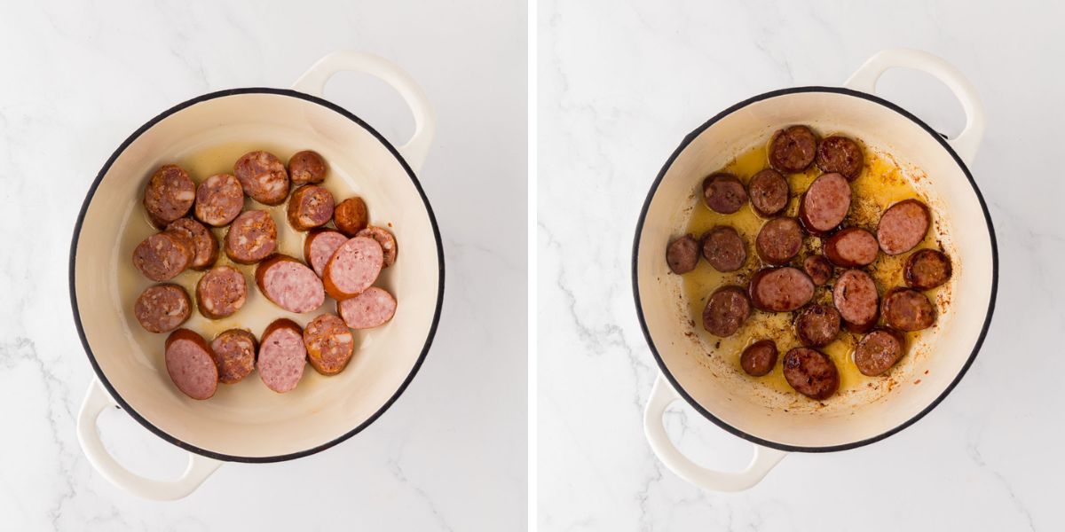 Sausage being cooked in a Dutch oven.