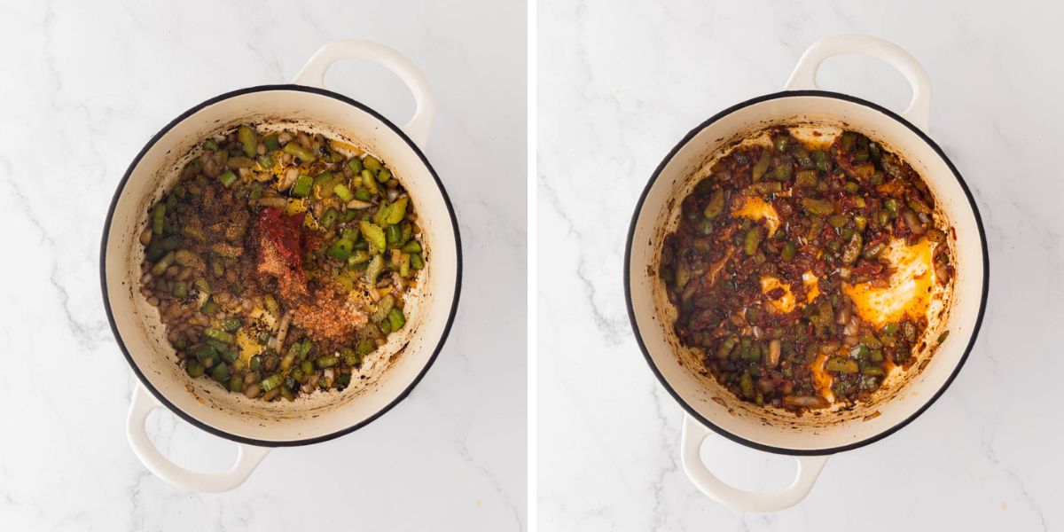 Spices and tomato paste added to holy trinity in dutch oven.